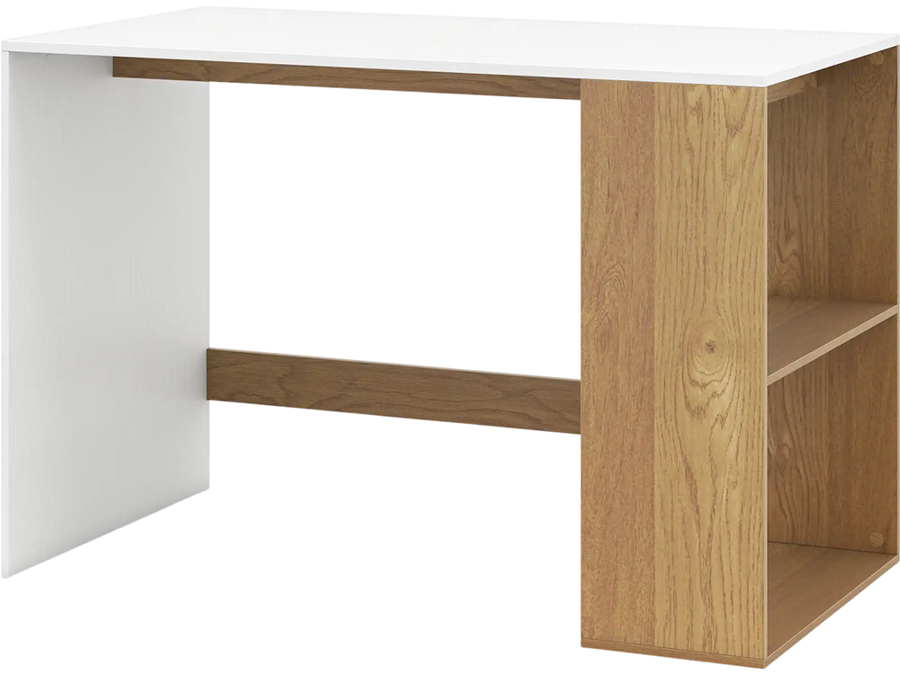 44-inch wooden computer desk in white and natural with a 2-tier bookshelf, ideal for small spaces and organization.