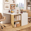 Wooden computer desk with a spacious white top and natural wood shelf, designed for efficient organization in small.