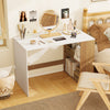 Wooden computer desk with a white finish and natural wood accents, featuring a 2-tier bookshelf for small spaces.