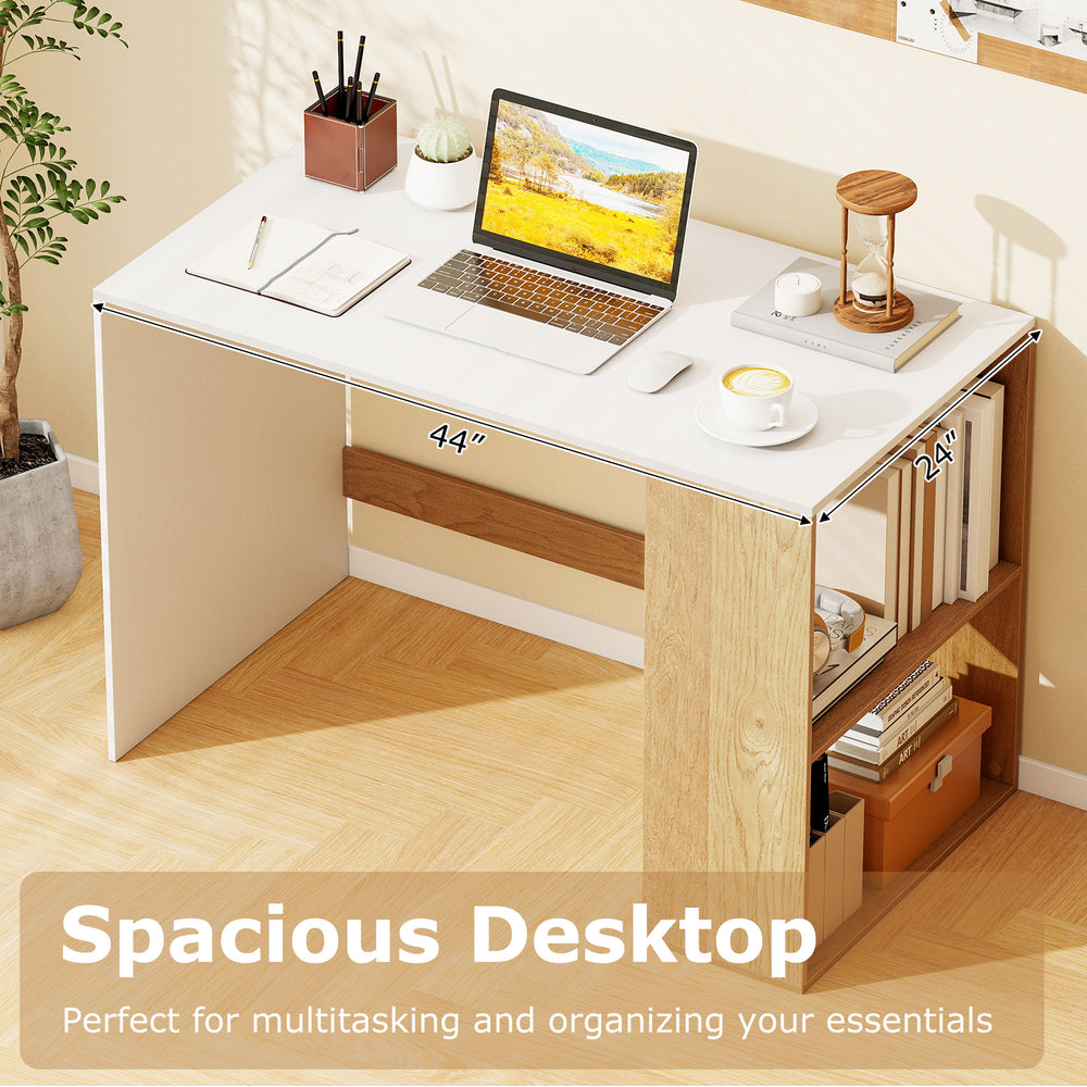 Spacious 44-inch wooden computer desk with a natural finish and 2-tier bookshelf, ideal for small spaces and.