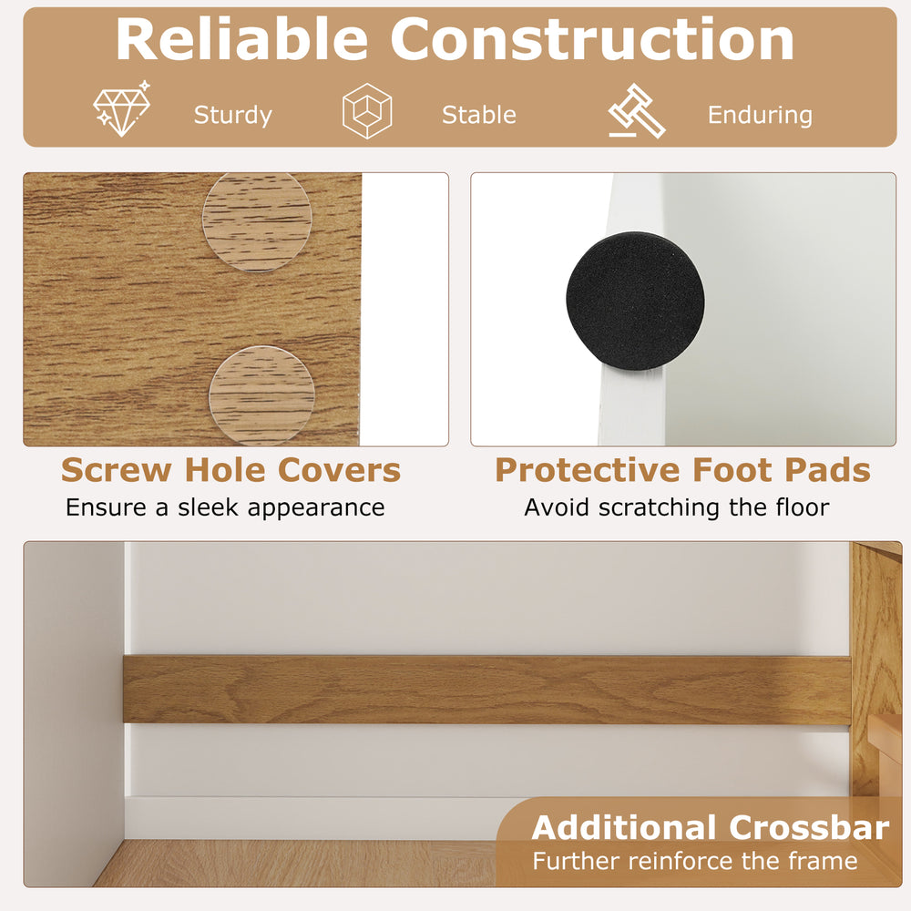 Detail of the 44-inch wooden computer desk showcasing screw hole covers and protective foot pads for stability.