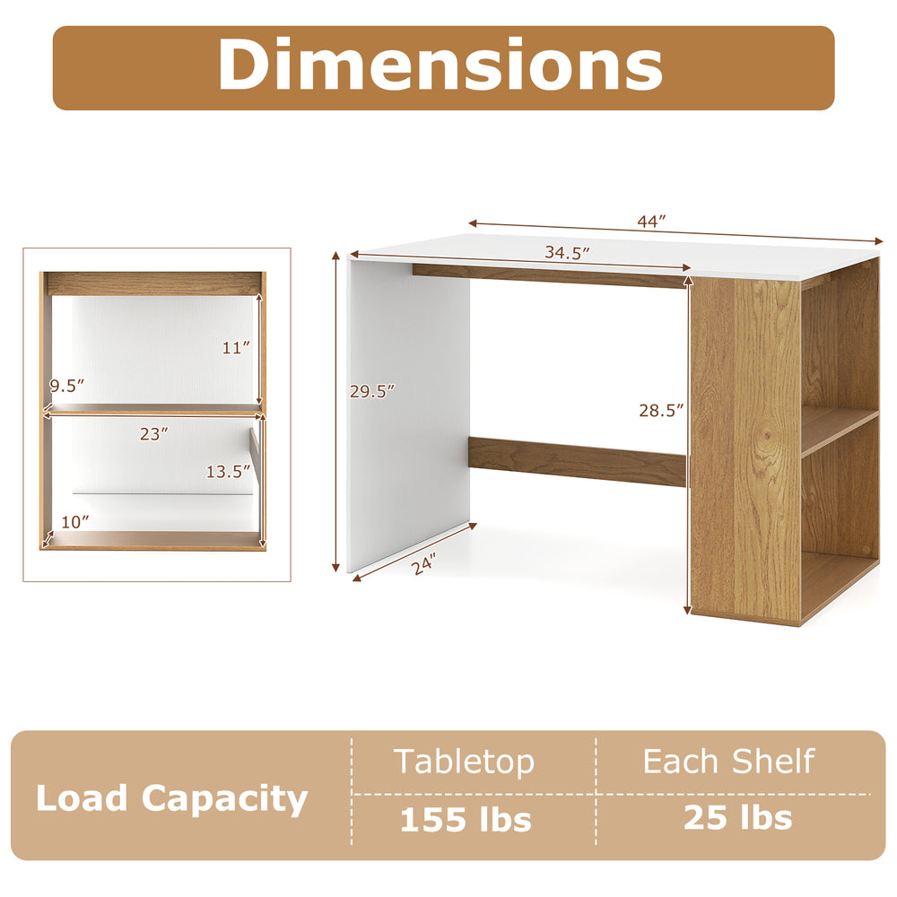 44-inch wooden computer desk with a 2-tier bookshelf, featuring a white and natural finish, ideal for small spaces.