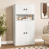 Tall white bookshelf with doors, adjustable shelf, and cabinets for ample storage, perfect for organizing any space.