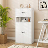 Tall white bookshelf with doors, adjustable shelf, and two cabinets for ample storage in a modern living space.