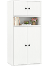 Tall white bookshelf with two cabinets and adjustable shelf, featuring metal handles and anti-tipping kits for.