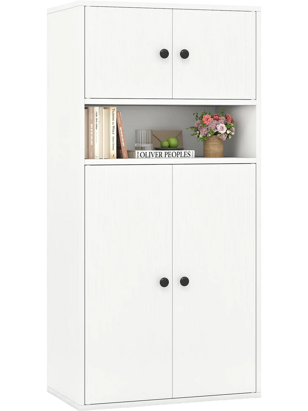 Tall white bookshelf with two cabinets and adjustable shelf, featuring metal handles and anti-tipping kits for.