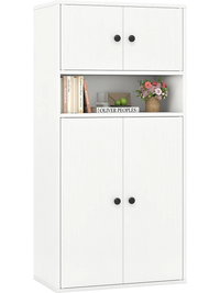 Tall white bookshelf with two cabinets and adjustable shelf, featuring metal handles and anti-tipping kits for.