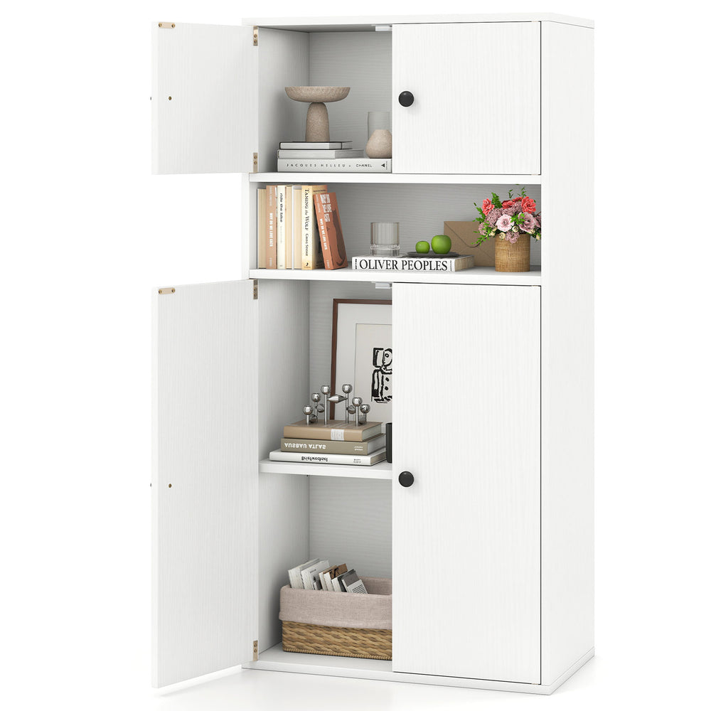 44-inch tall white bookshelf with doors, adjustable shelf, and ample storage space for organized display and easy.