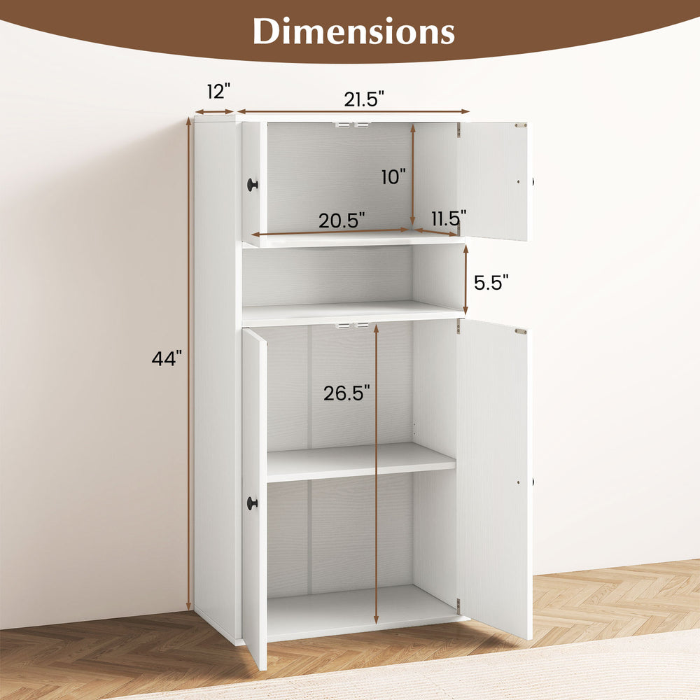 Dimensions of the 44-inch tall bookshelf with doors, featuring adjustable shelf and ample storage space.