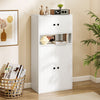 Tall white bookshelf with doors, adjustable shelf, and metal handles, perfect for organized storage in any room.
