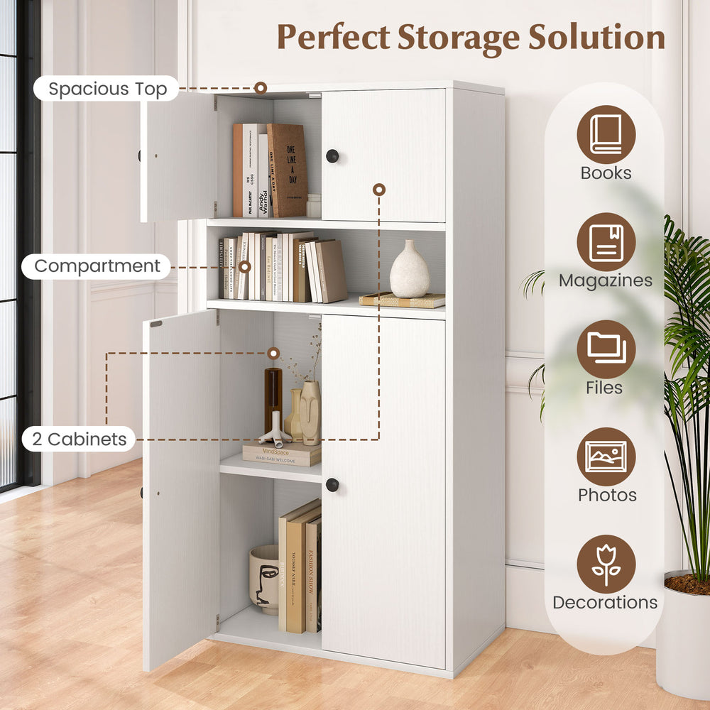 44-inch tall bookshelf with doors, featuring 2 cabinets, adjustable shelf, and smooth surface for easy maintenance.