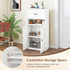 Tall white bookshelf with doors, adjustable shelf, and two cabinets for versatile storage in any room.