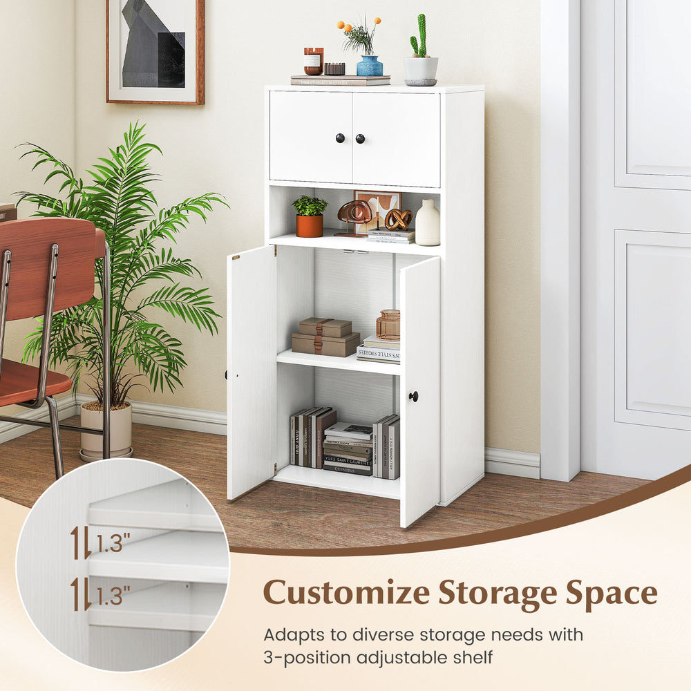 Tall white bookshelf with doors, adjustable shelf, and two cabinets for versatile storage in any room.