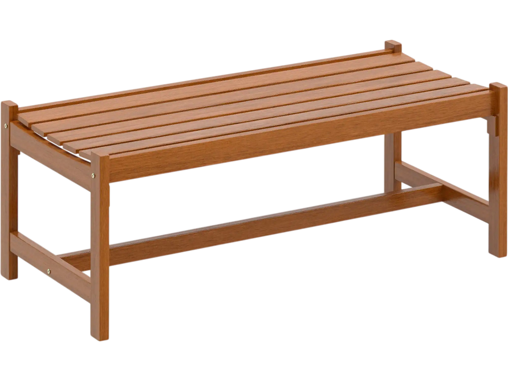 Solid hardwood 44" patio bench with teak oil finish, slatted seat design for airflow, perfect for outdoor dining.