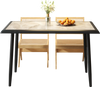 Rectangular sintered stone dining table with golden metal frame, ideal for kitchen or dining room gatherings.