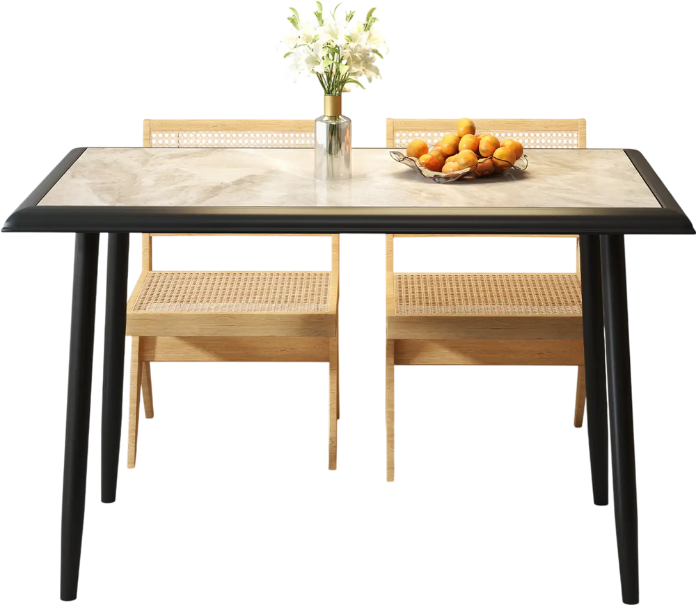 Rectangular sintered stone dining table with golden metal frame, ideal for kitchen or dining room gatherings.
