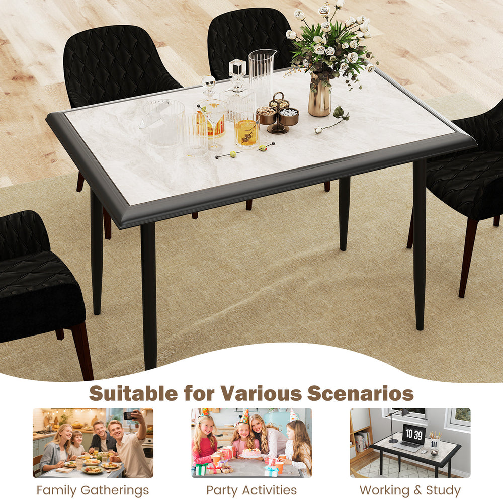 Sintered stone dining table with golden metal frame, suitable for indoor gatherings and stylish dining experiences.