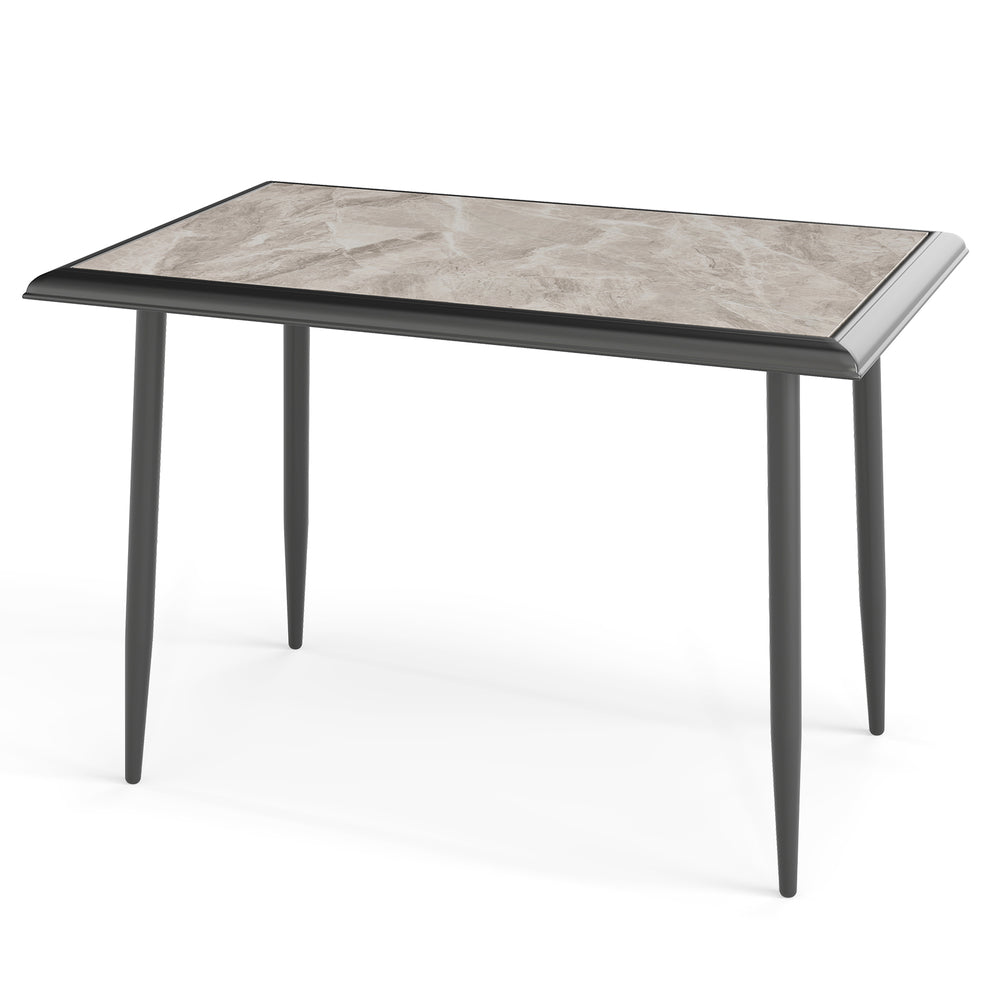 Rectangular sintered stone dining table with golden metal frame, heat-resistant and scratch-resistant, ideal for indoor.