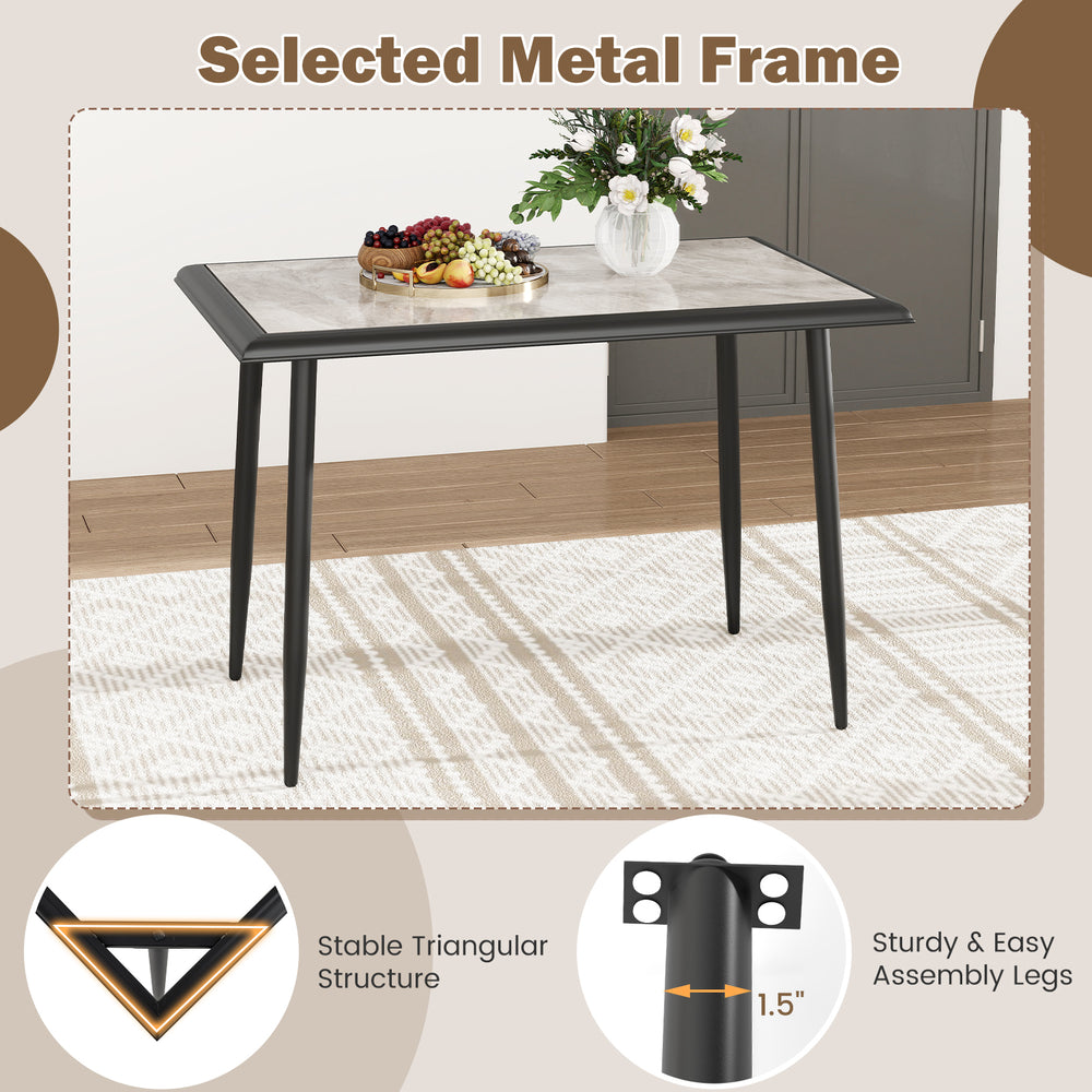 Rectangular sintered stone dining table with golden metal frame, ideal for indoor dining and gatherings for four.