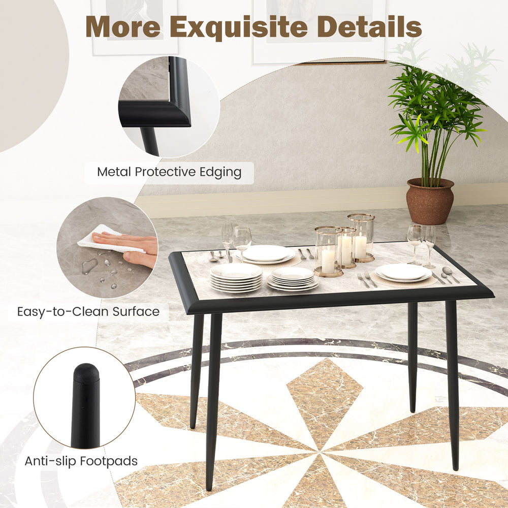 Sintered stone dining table with metal frame, featuring easy-to-clean surface and anti-slip footpads for stability.