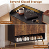 Shoe storage cabinet with rustic brown finish, featuring adjustable shelves and an open compartment for easy access.