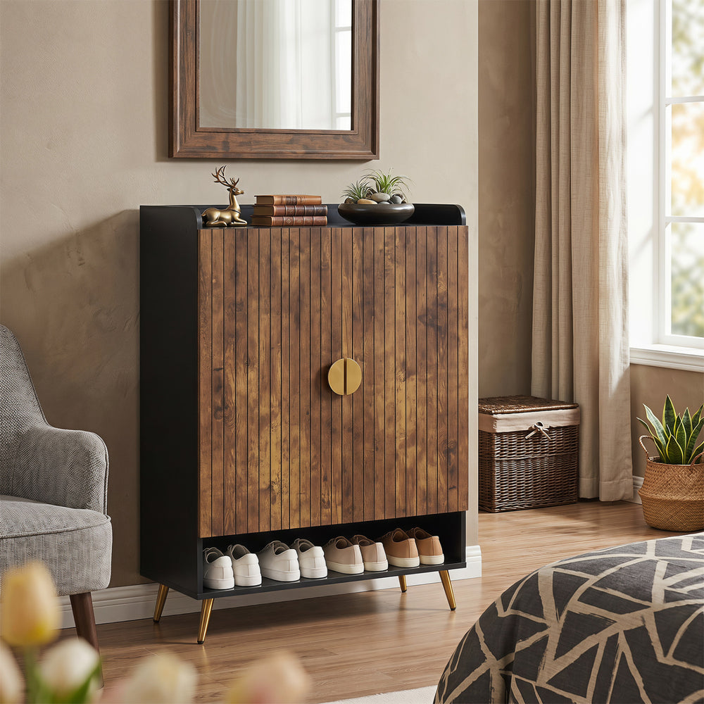 Rustic brown 44" tall shoe storage cabinet with 7-tier doors and adjustable shelves, perfect for entryway organization.