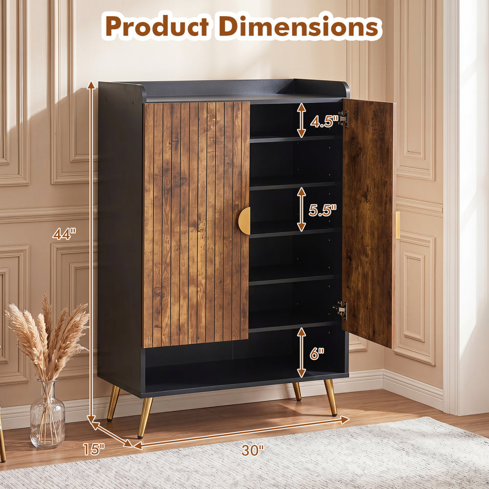 44" tall shoe storage cabinet in rustic brown with 7-tier doors and adjustable shelves for entryway organization.