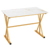 Sintered stone dining table with faux marble top and gold metal frame, perfect for kitchen or dining room gatherings.