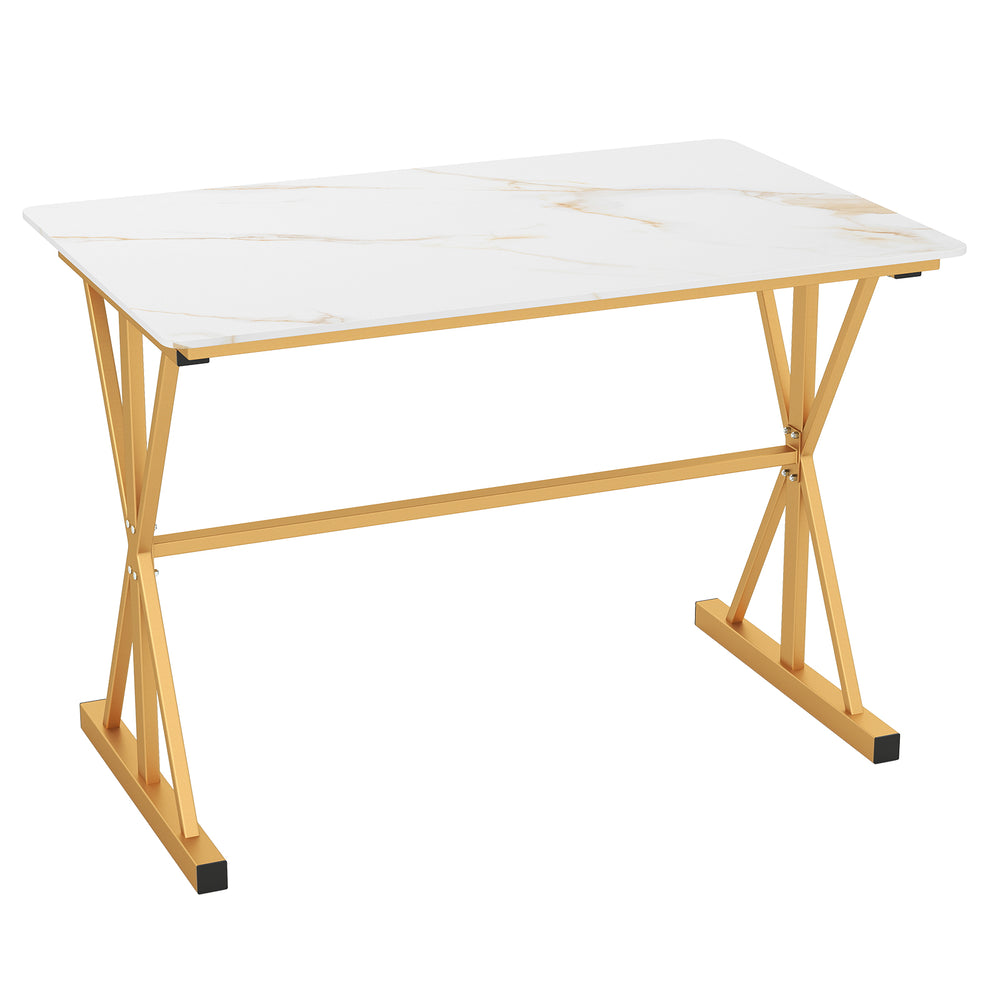 Sintered stone dining table with faux marble top and gold metal frame, perfect for kitchen or dining room gatherings.