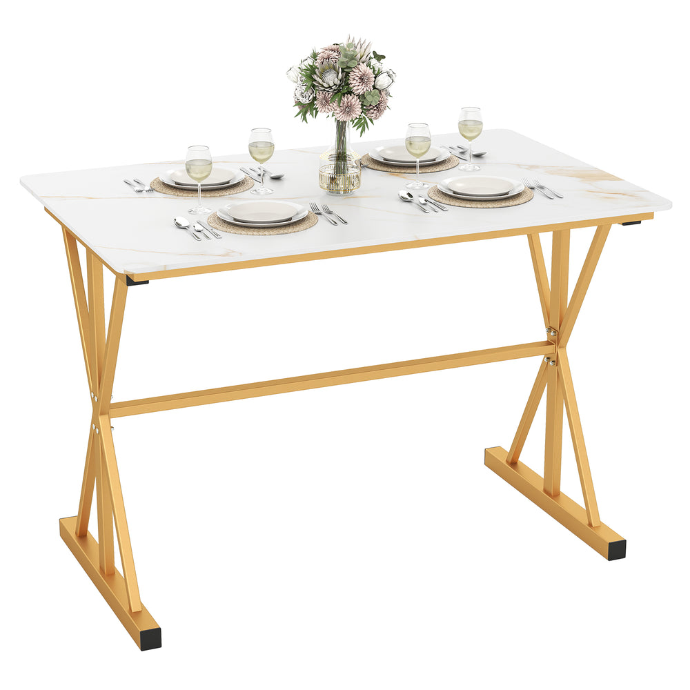 44-inch sintered stone dining table with a gold metal frame and faux marble top, perfect for kitchen or dining room.