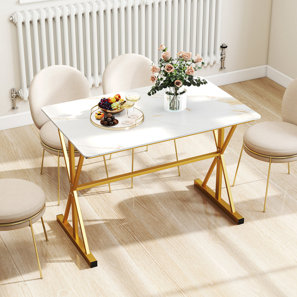 Elegant 44-inch dining table featuring a faux marble top and sturdy gold metal frame, ideal for stylish family meals.