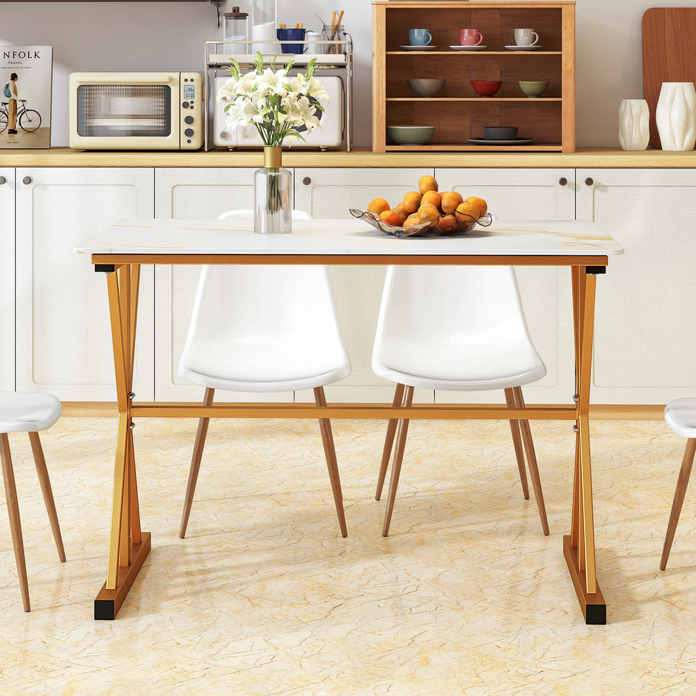 Sintered stone dining table with faux marble top and golden metal frame, perfect for kitchen or dining room gatherings.
