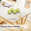 Sintered stone tabletop with faux marble finish and golden metal frame, perfect for dining and gatherings.