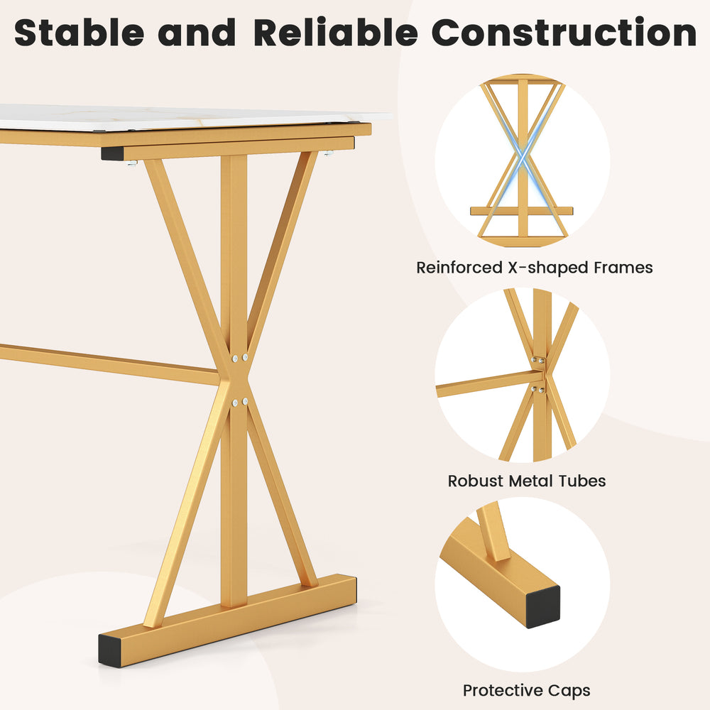 X-shaped metal frame of the 44-inch sintered stone dining table with faux marble top, showcasing sturdy construction.