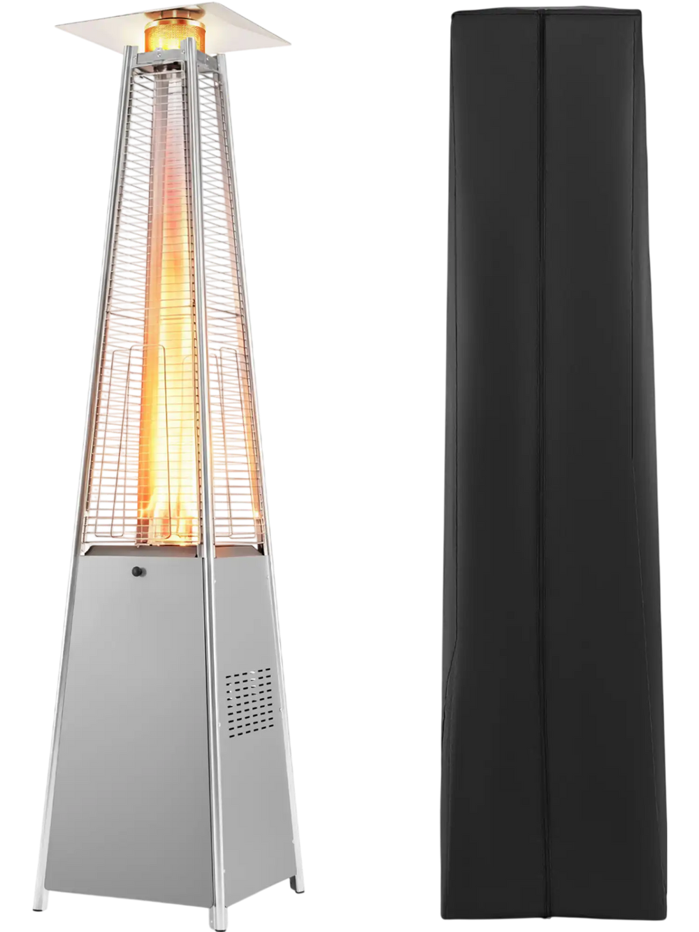 Pyramid patio heater with 45000 BTU output, gray finish, and zippered cover for outdoor warmth and safety.