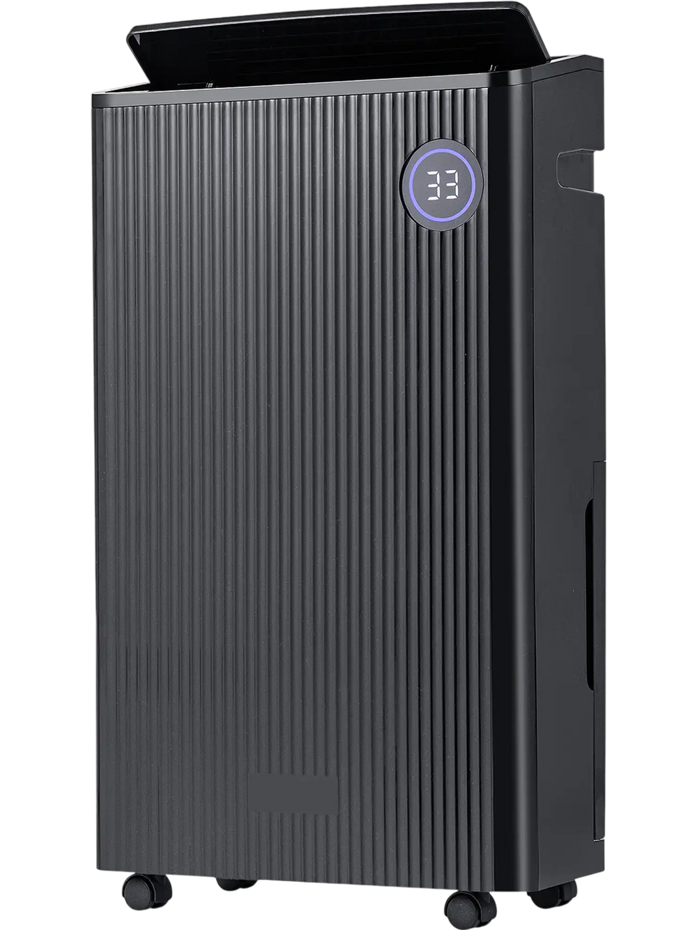 Black 4500 sq. ft dehumidifier with digital display, 4 modes, and wheels for easy mobility in basements.