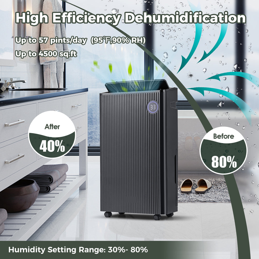 Quiet black dehumidifier for basements, efficiently reduces humidity up to 4500 sq.ft with 4 modes and digital display.