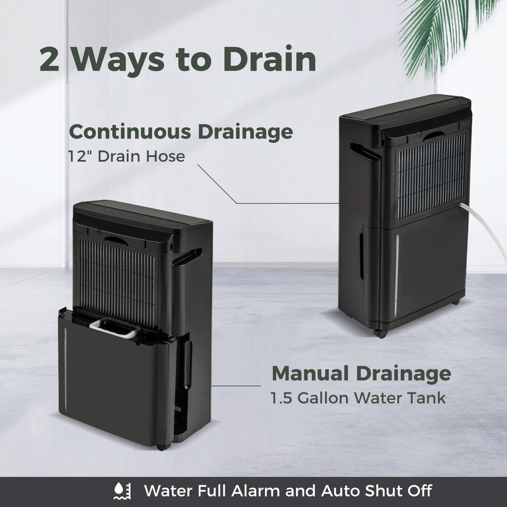 Dehumidifier with continuous and manual drainage options, featuring a 1.5-gallon tank for efficient humidity control.