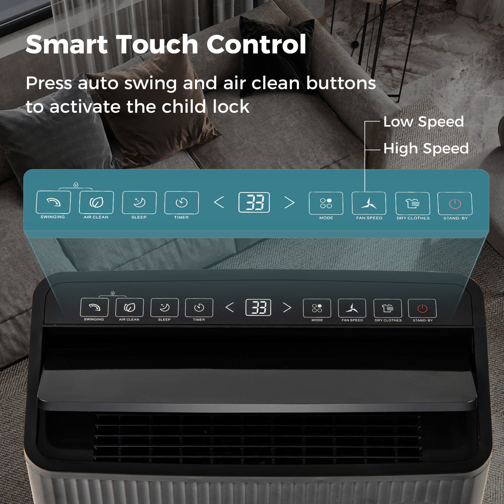 Touch control panel of the 4500 Sq. Ft dehumidifier, featuring modes, humidity display, and child lock for easy.