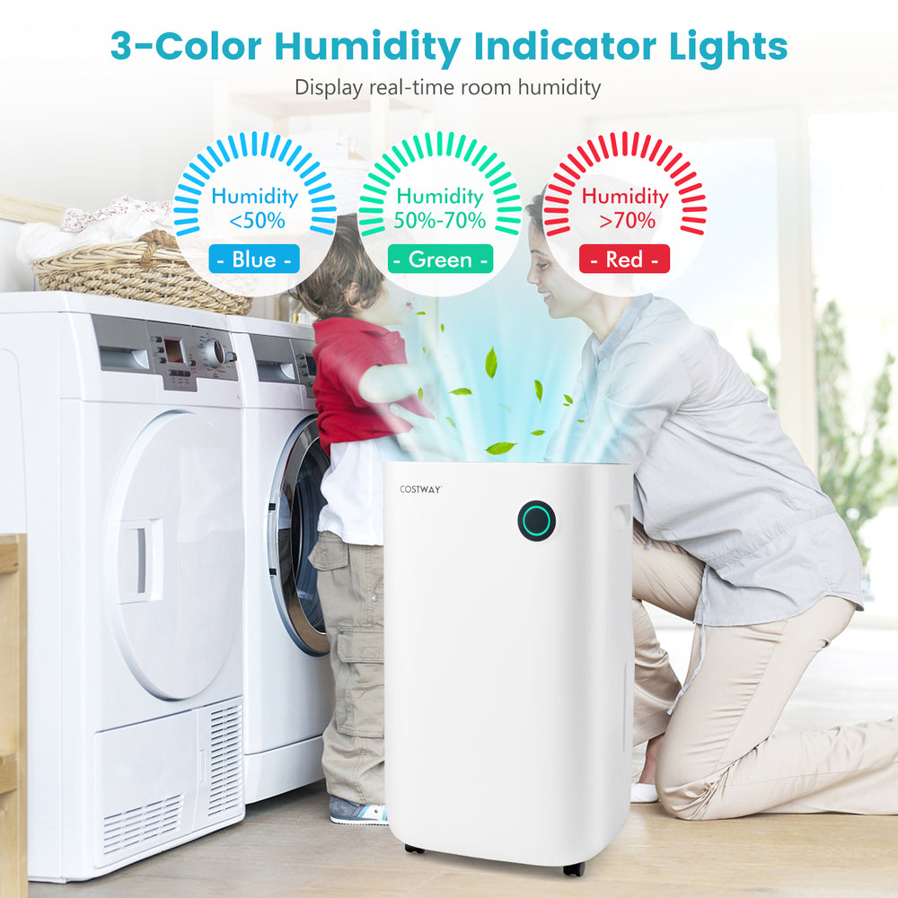 4500 Sq. Ft dehumidifier with 3-color humidity indicator lights, designed for efficient moisture removal in large rooms.