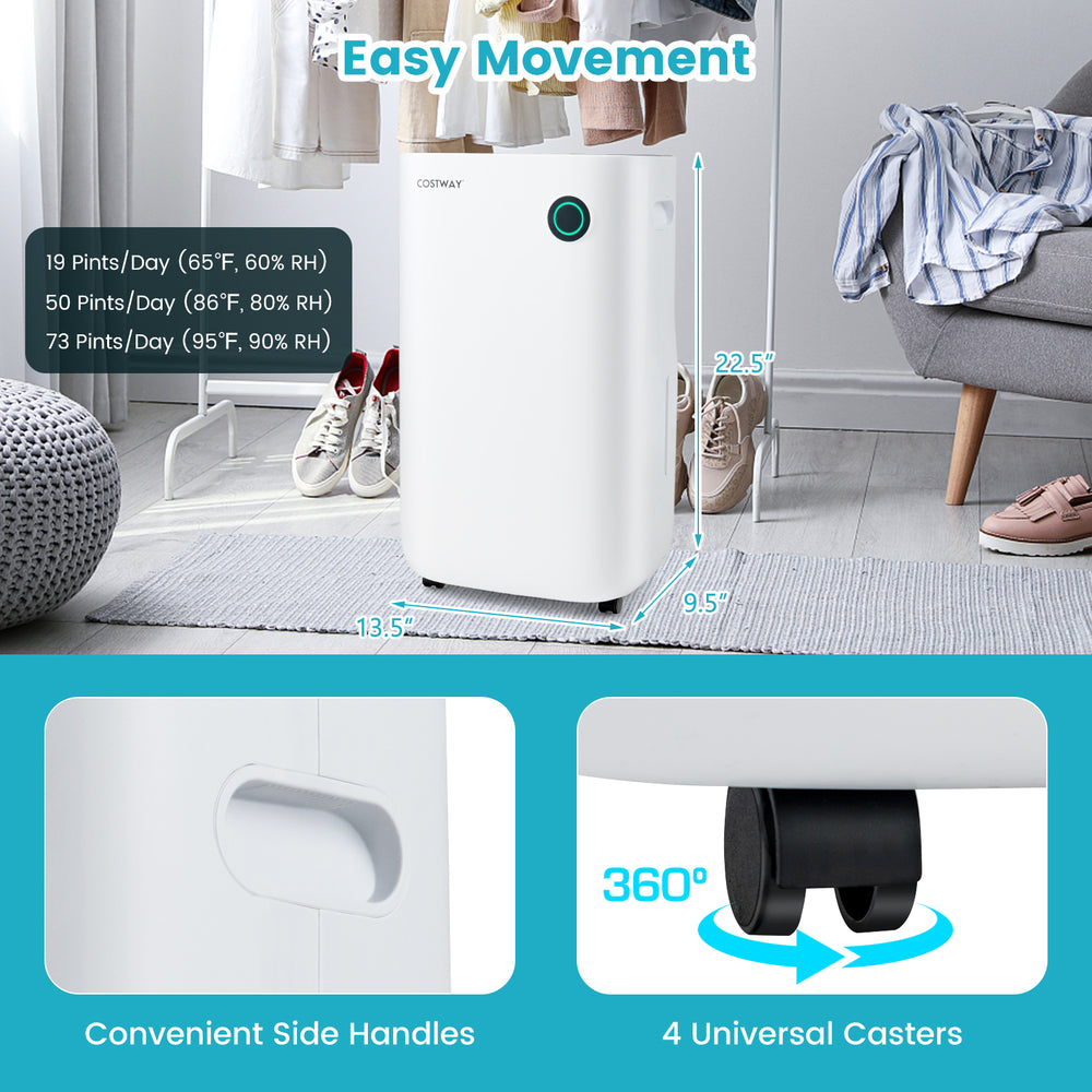 Dehumidifier with 4 universal casters, 73 pints/day capacity, and 5 modes for easy movement in large rooms.