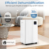 White 54-pint dehumidifier with LED display, 3 modes, and 4 wheels, ideal for home and basement use.