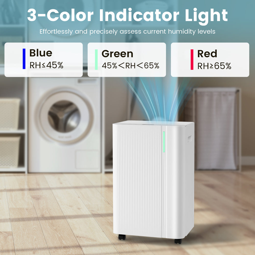 3-color indicator light on a 54-pint dehumidifier, showing real-time humidity levels for efficient home use.
