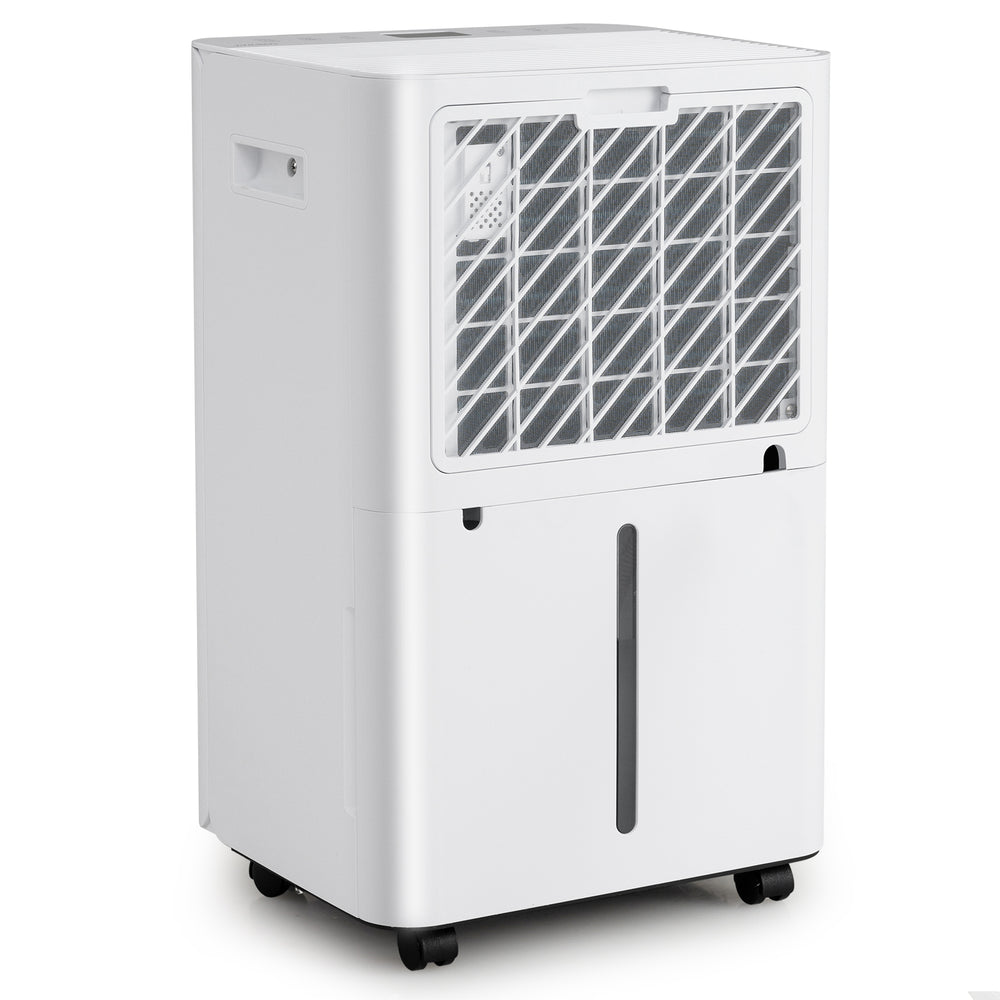 White 4500 Sq.Ft dehumidifier with drain hose, featuring a smart touch panel and 1.1-gallon water tank for home use.
