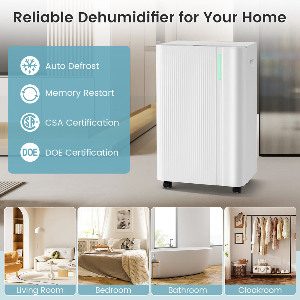 4500 sq.ft white dehumidifier with drain hose, LED display, and wheels for easy mobility in large rooms.