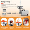 Electric tomato strainer with large feed chute, stainless steel design, and pusher for efficient jam processing.