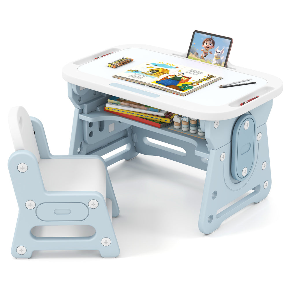 Height Adjustable Kids Table and Chair Set with Tiltable Whiteboard and Concave Shelf-Blue - Gallery View 1 of 11