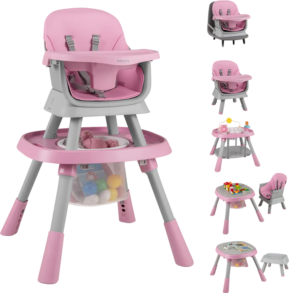16-in-1 baby high chair in pink with adjustable height, activity center, and toy storage for versatile use.