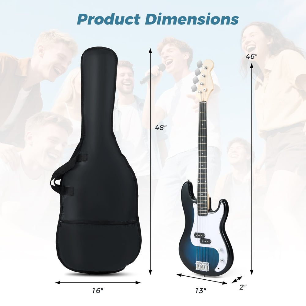 Electric bass guitar with gig bag, featuring solid wood construction and double pickups, ideal for beginners.