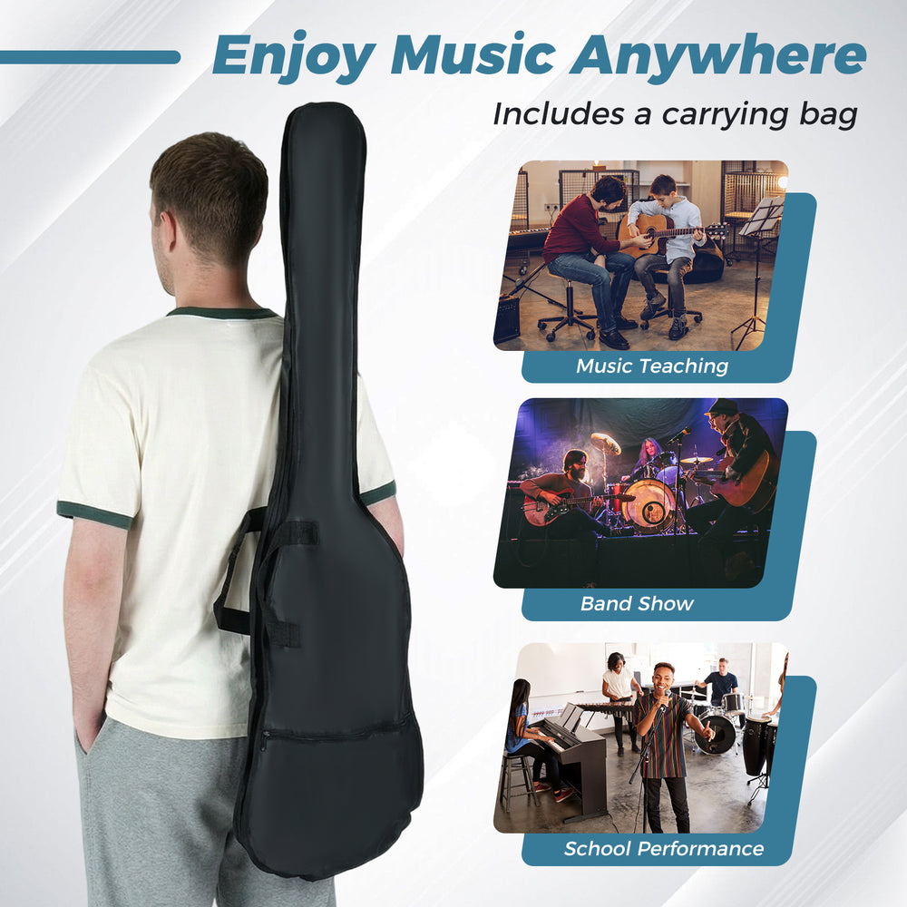 45.5-inch blue electric bass guitar with double pickups and gig bag, ideal for beginners and music performances.